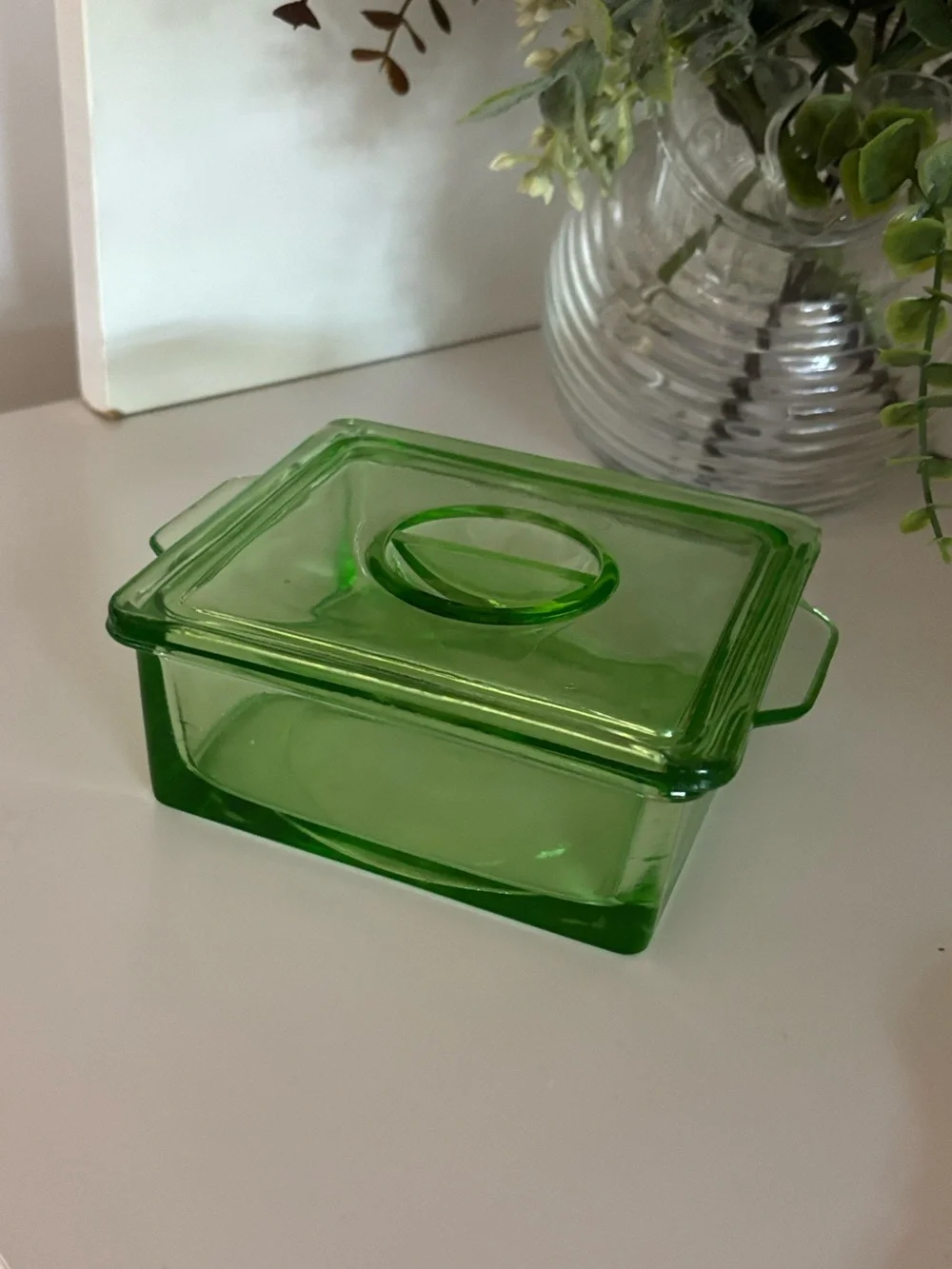 Vintage Hazel Atlas Green Uranium Glass Square Dish With Lid